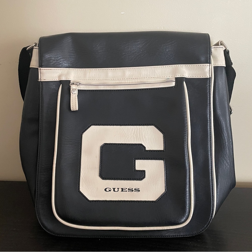 Guess Leather Vintage Leather Messenger Bag Beige Cream And Black